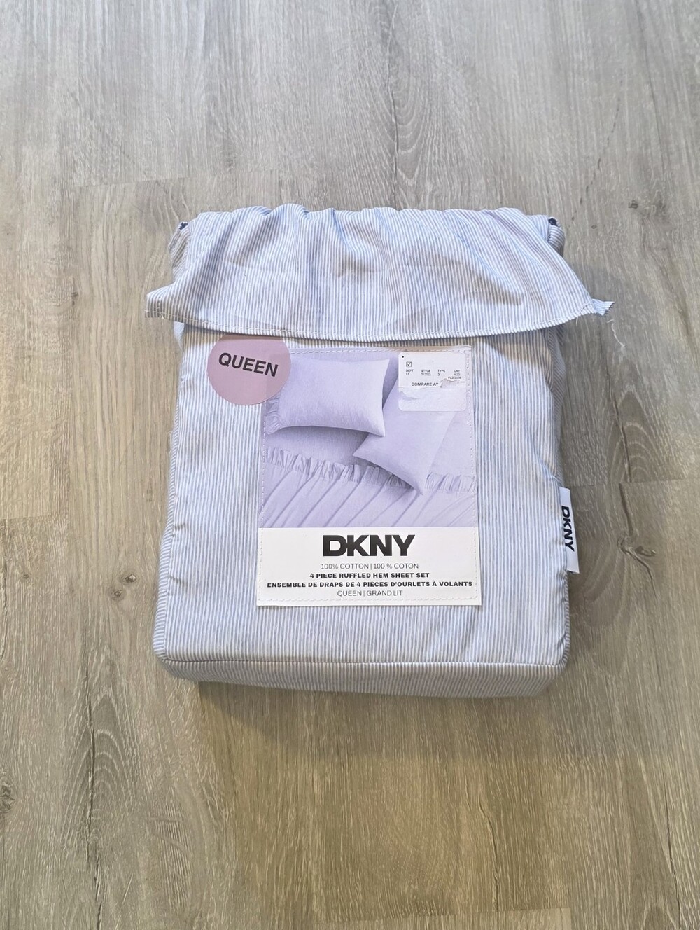 DKNY Queen Sheet Set Blue Stripes 4 Piece Ruffled Hem Cottagecore